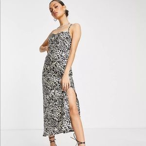 Petite satin slip midi dress in leopard print from ASOS